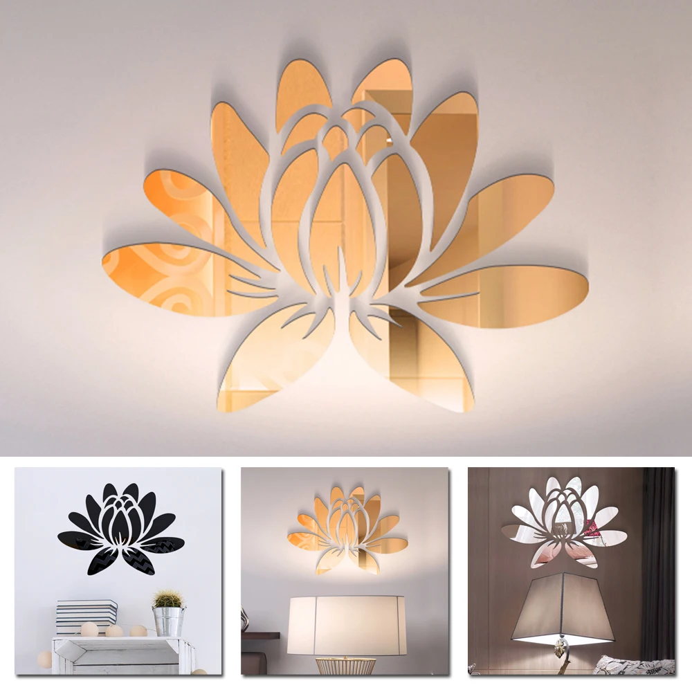 

Acrylic Mirror Wall Stickers Gold Silver Blooming Lotus Flower DIY Decal Home Bedroom Living Room Mural Decor Art Ornaments