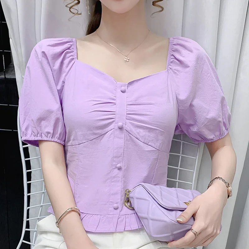 Летние белые топы с пышными рукавами женские 2024 модные повседневные фиолетовые