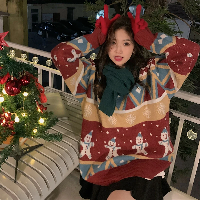 

Women Vintage Knitted Sweaters Christmas Colour Blocking Loose Padded Pullover Autumn Winter Loose Knitted Pullover Sweaters