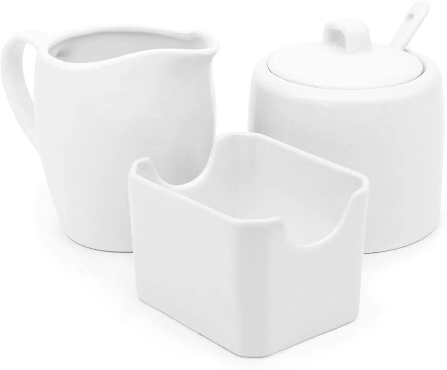

Sugar and Creamer Set, 3 Piece, Pitcher, Sugar Bowl with Lid and Spoon, Sweetener Holder, White