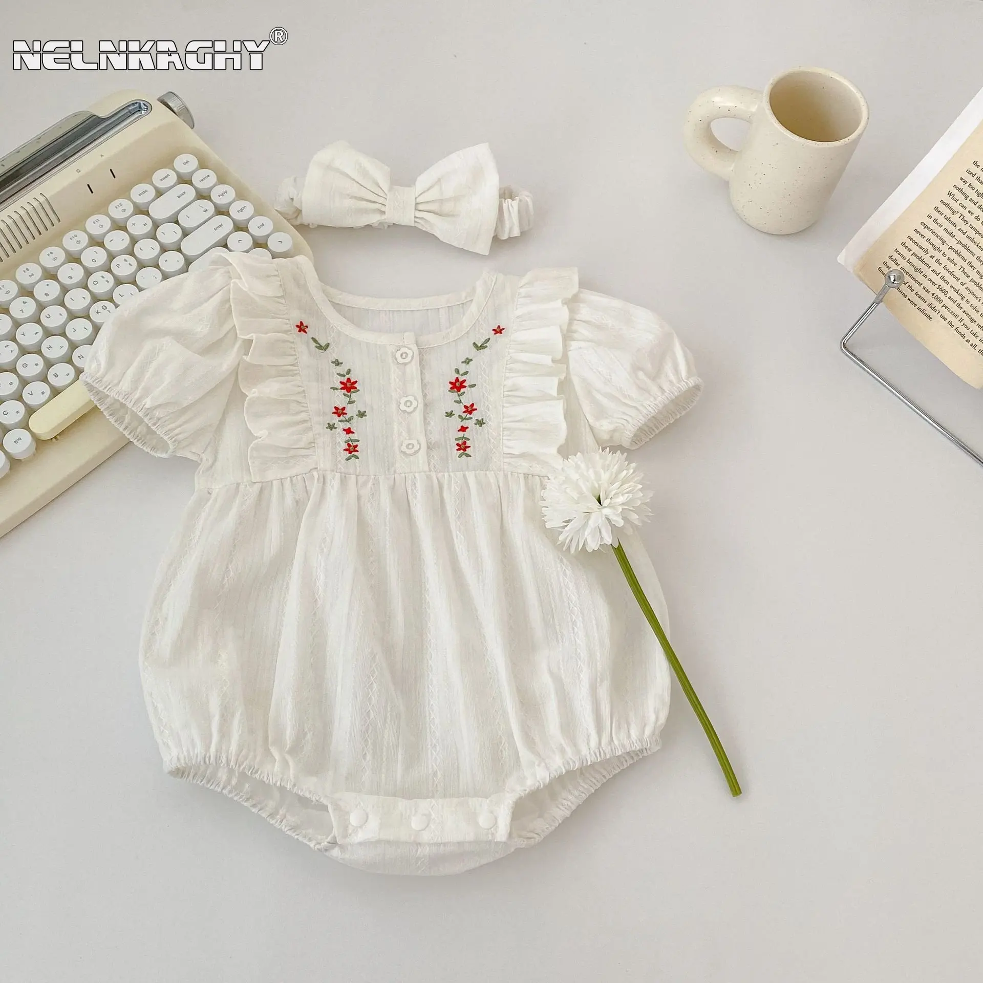 2023 New In Summer Infant Newborn Girls Short Sleeve Embroidery Flower Outwear Kids Baby Pure Cotton Clothing Bodysuits