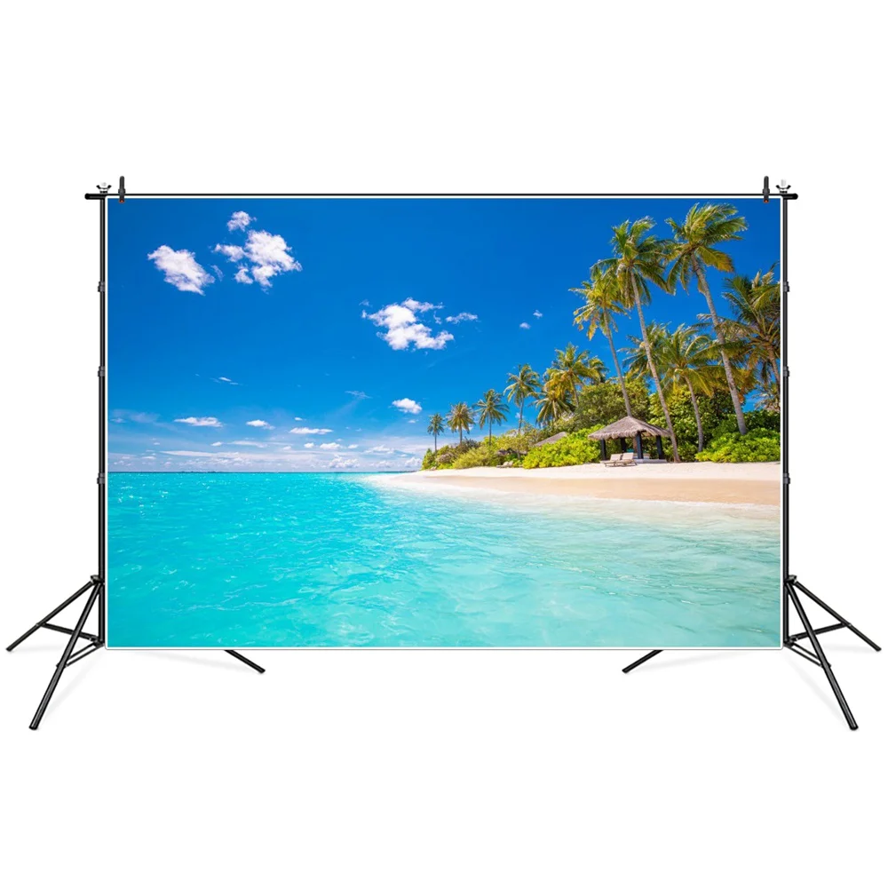 

Tropical Palms Beach Pavilion Sea Scenic Photography Backgrounds Clouds Blue Sky Summer Holiday Party Decoration Photo Backdrops
