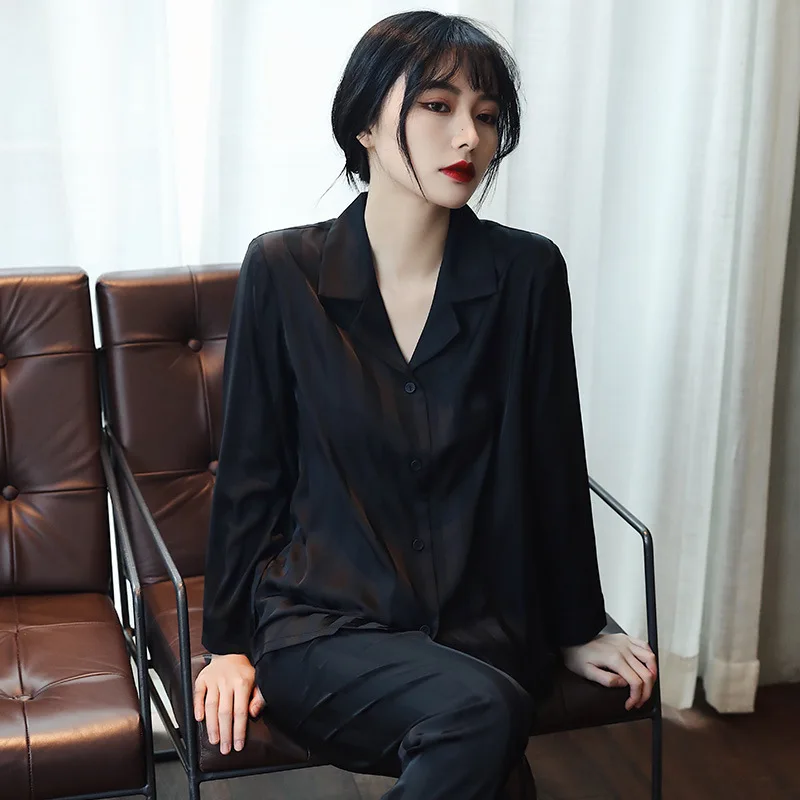 Silk Pajamas Women's Striped Jacquard Black Loose Shirt Long-Sleeved Trousers Can Be Worn outside Korean Style Two-Piece Suit