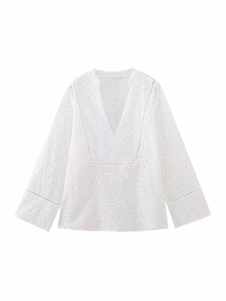 

Блузка BSK & ZA & TRF женская с вышивкой, модная повседневная винтажная рубашка с длинным рукавом и V-образным вырезом, шикарный топ, 2023, 8741/037