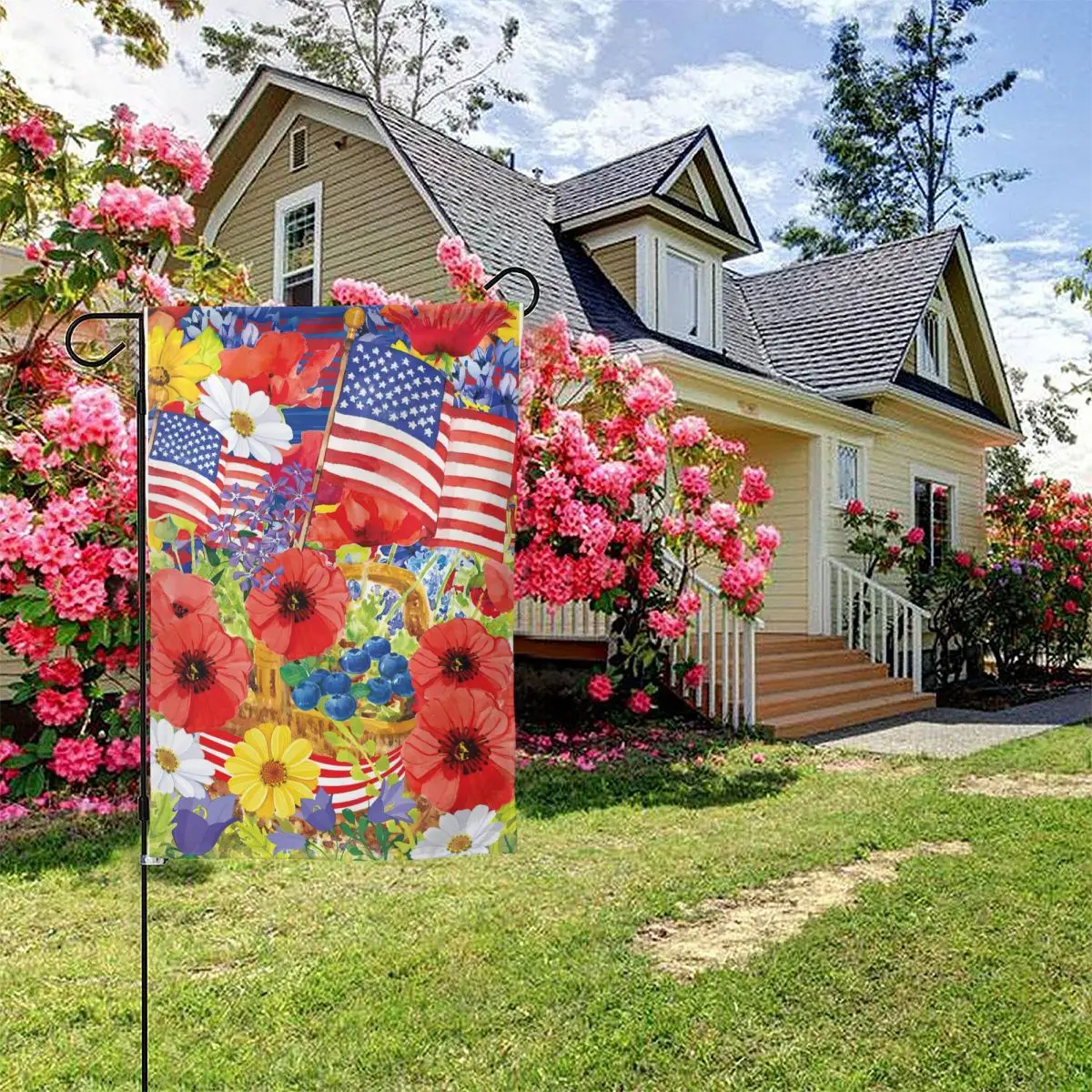 

Texupday God Bless USA Colorful Blooms Double Sided America Patriotic House Flag Floral Outdoor Yard Flag Garden Flag