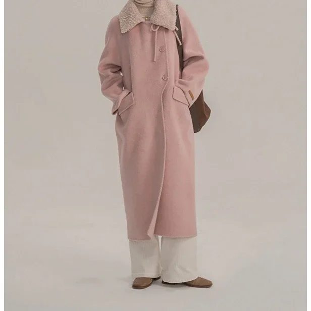 Французское шерстяное пальто в стиле Хепберн пэчворк с меховым воротником