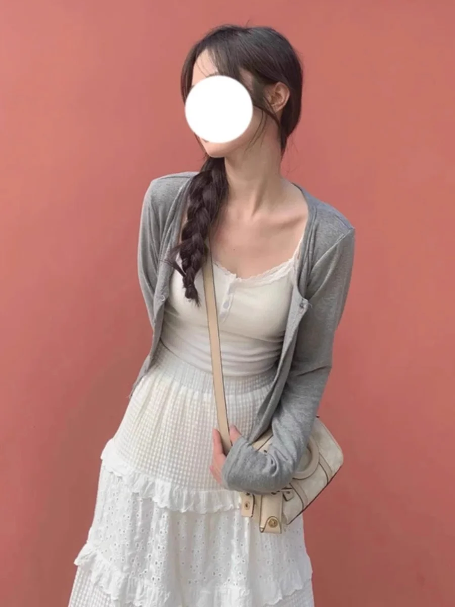 Женский тонкий кардиган-свитер серого цвета Солнцезащитная шаль на бретельках