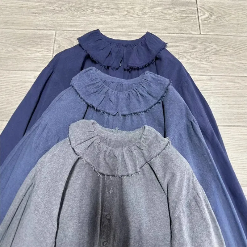 Johnature японская повседневная рубашка с длинными рукавами и кружевными лацканами