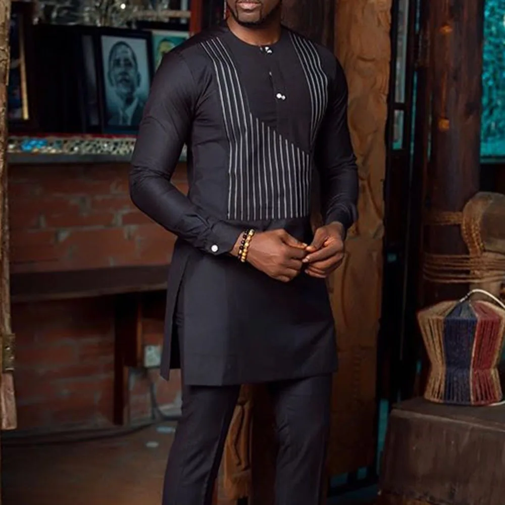 Black Casual Striped Ethnic Style Men's Long Sleeve Shirt