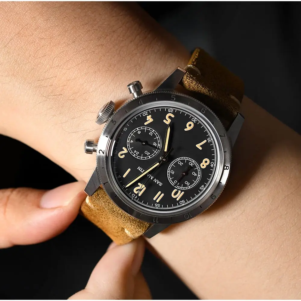 

San Martin New VK64 Chronograph Quartz Watch For Men Bidirectional Bezel Business Vintage Waterproof Luminous Clock Retro Pilot