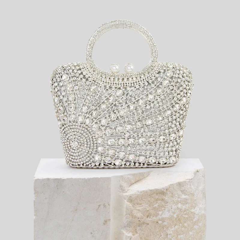 

Silver Diamond Hard Women Evening Handbags Crystal Bling Dazzling Wedding Bridal Clutches Girls Party Minaudiere Prom Purse