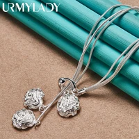 urmylady 925 sterling silver three snake chain rose flower pendant 20 inch necklace for women wedding party fashion jewelry