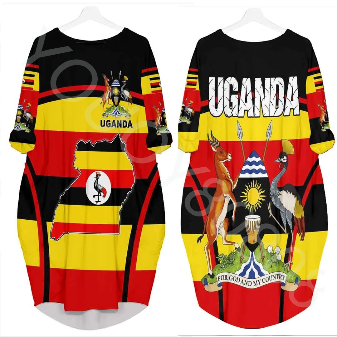 

African Zone Ladies Ethnic Tribal Print Clothing - Uganda Active Flag Batwing Pocket Dress Spring Fall Tops