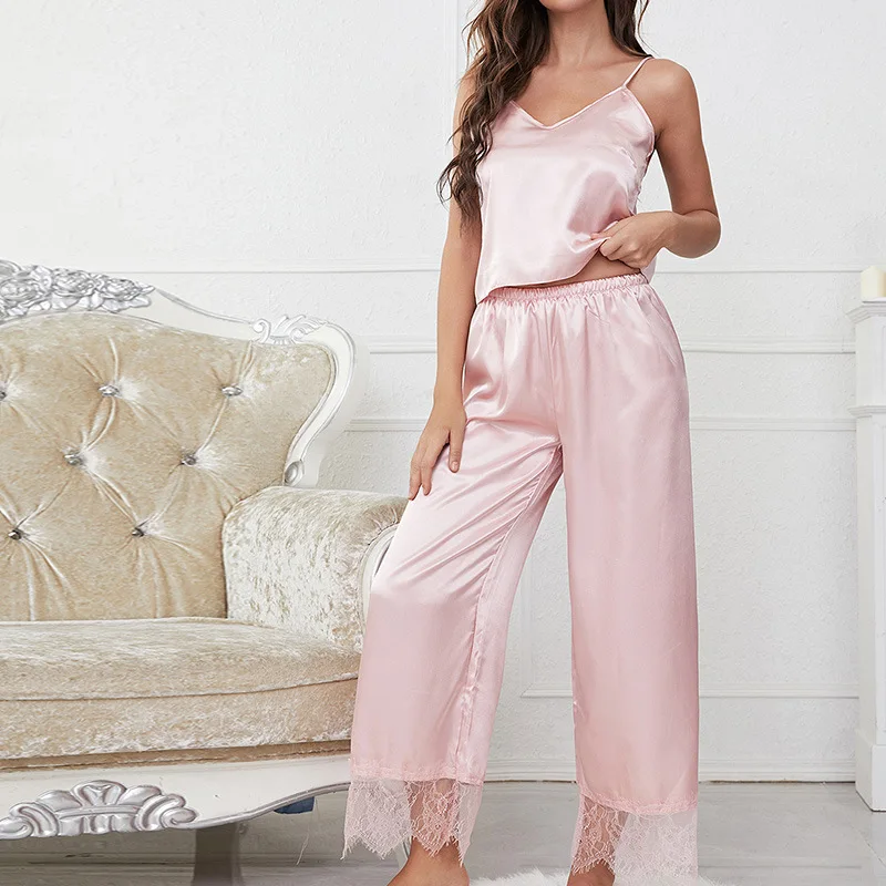 New Suspenders Wide Leg Pants Ice Silk Pajamas Women's Silk Suspenders Home Clothes 3002