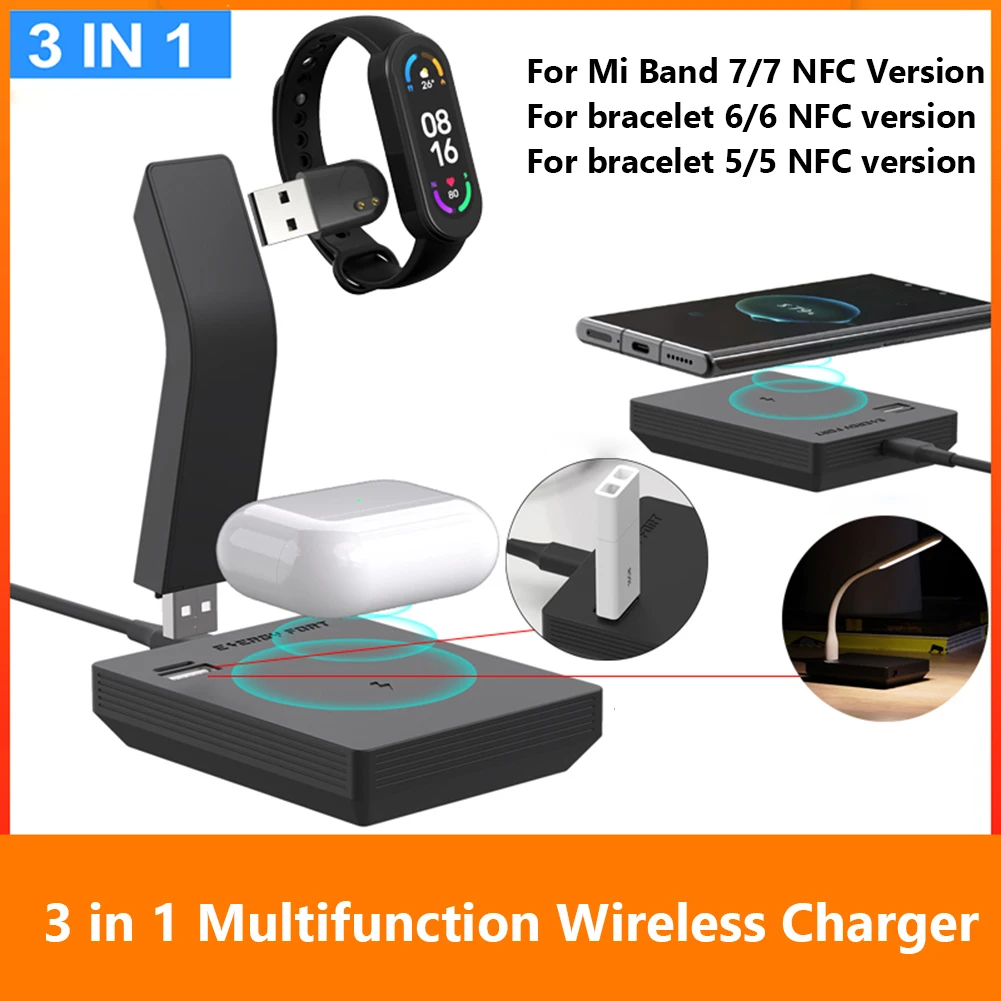 

3 in 1 Charging Dock Station for Xiaomi Mi Band 7 6 5 10W Mini USB Charger Multifunctional 5V 2A USB Smartwatch Charger Cradle