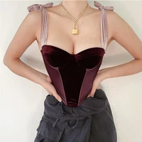 velvet corset tank 2021 spring women bone patchwork crop top camis sexy ribbon bandage bustier french style cincher body shaper