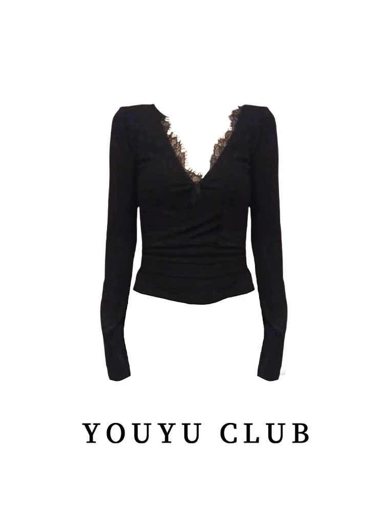 Бандажная футболка Chubby Girl Advanced Sense с v-образным вырезом и кружевной строчкой топ