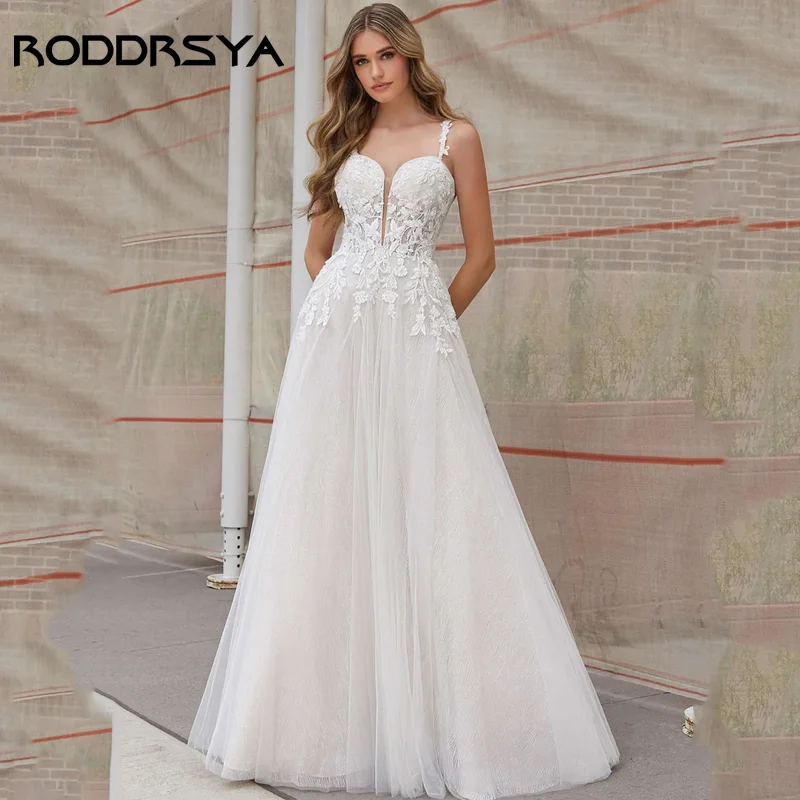 

RODDRSYA A-Line Tulle Wedding Dress For Women Sweetheart Sleeveless Bridal Gown Lace Appliques Spaghetti Straps Vestido De Noiva