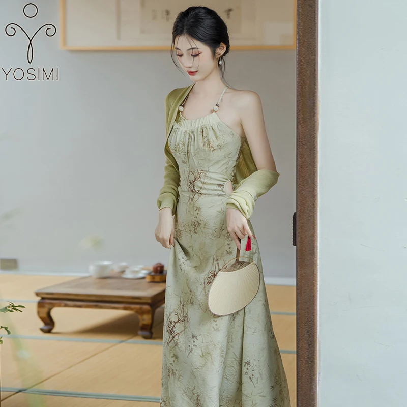 

Женский комплект из 2 предметов YOSIMI, летнее трикотажное пальто с длинным рукавом и принтом, шифоновое платье без бретелек, элегантное праздничное платье, 2023