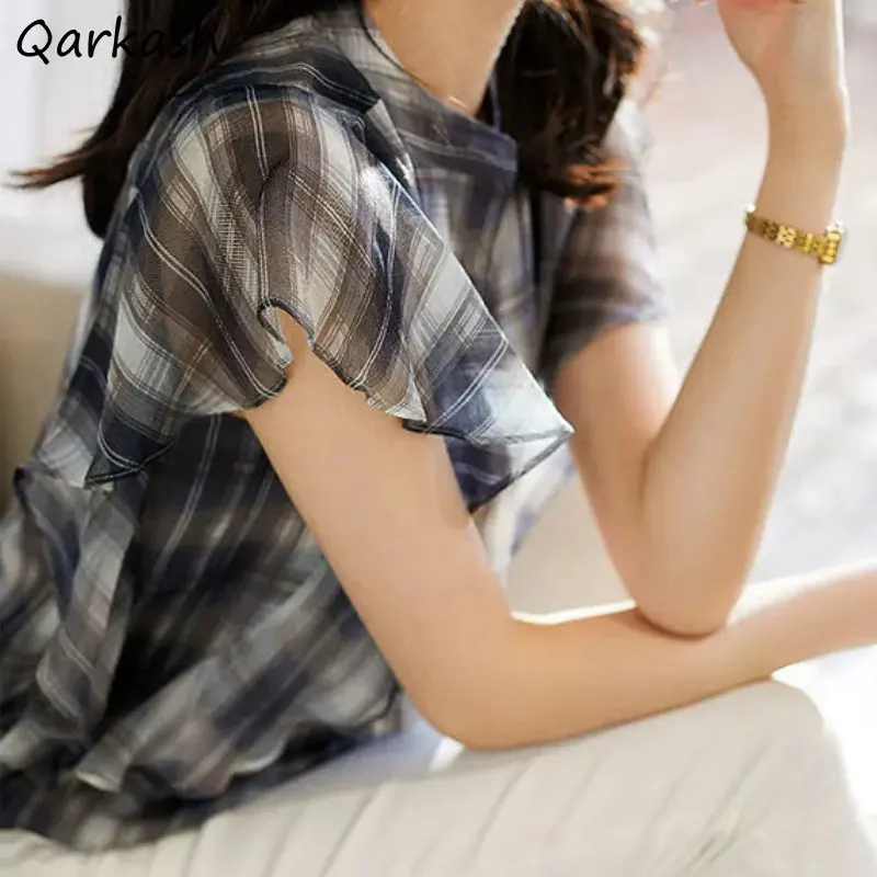 

Plaid Shirts Women Baggy Ruffles Summer Temper High Street Korean Fashion Elegant Aesthetics O-neck Camisas Cozy Teens College