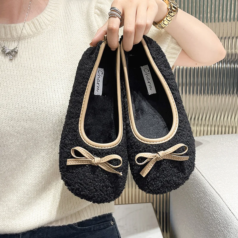 

Туфли женские с закрытым носком, меховые кроссовки с бантом, повседневная обувь, Мокасины, платье-бабочка, с круглым носком, осень 2022