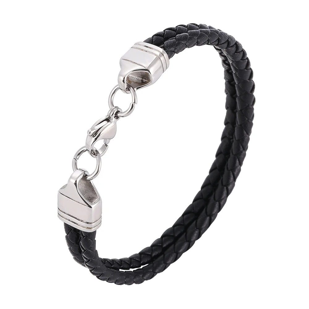

Trend Black Genuine Leather Rope Lobster Buckle Double 4mm Women's Bracelet Birthday Gift