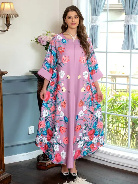 Kuwaiti Women's Galabia Dubai Luxury Beaded Vintage Floral Printed Dresses For Prom Muslim Woman Abaya Moroccan Kaftan Party