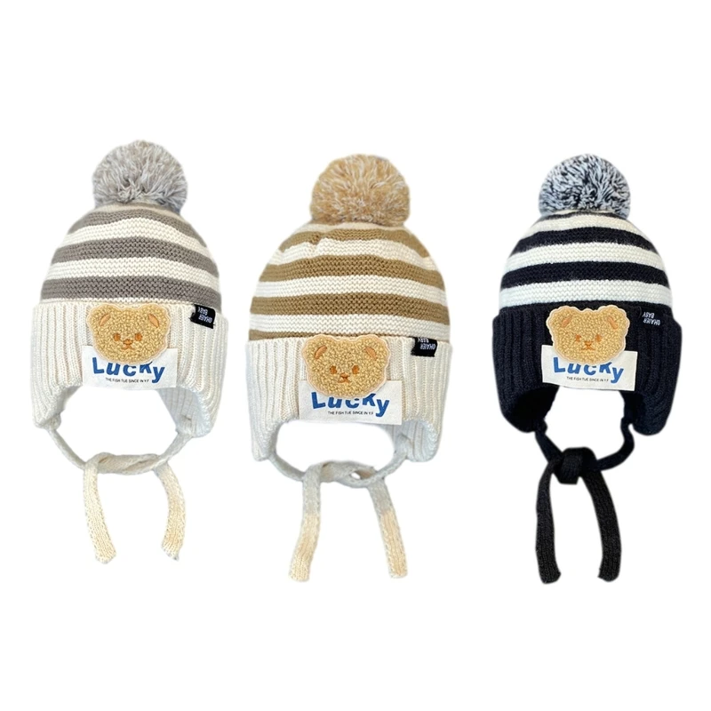 

Toddlers Bonnet Lucky Bear Infant Knitted Hat Soft & Breathable Striped Beanie Cap Windproof for 1-5Y Years Old Children