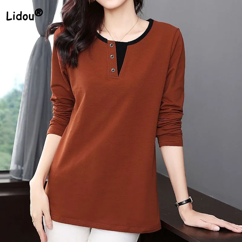

Fashion Casual Solid Color Spliced T-shirt Women's Clothing 2023 New Spring All-match Female Loose Round Neck Long Sleeve Tops