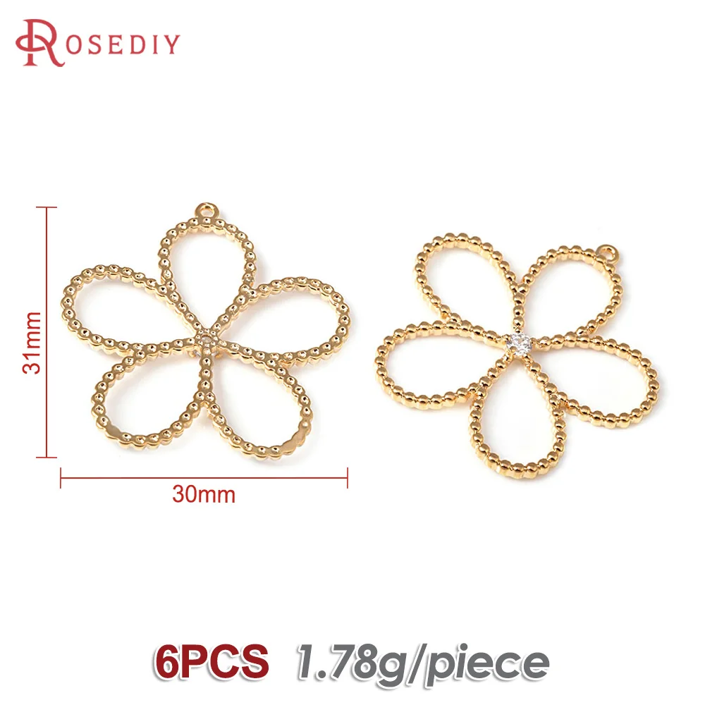 6 шт. 18-каратное золото латунь и циркон подвески в виде цветов изготовление