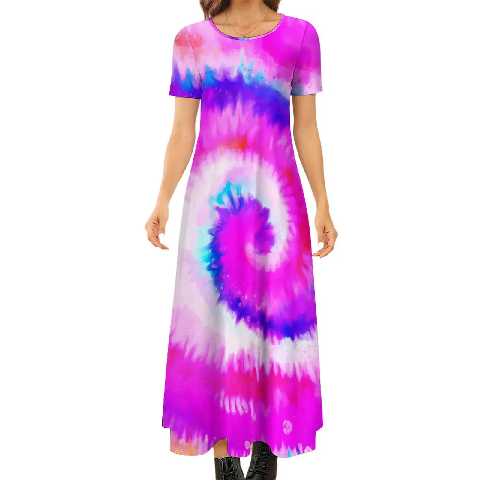 

Rainbow Swirl Print Dress Ombre Tie Dye Vintage Maxi Dress Street Fashion Bohemia Long Dresses Short Sleeve Big Size Vestido