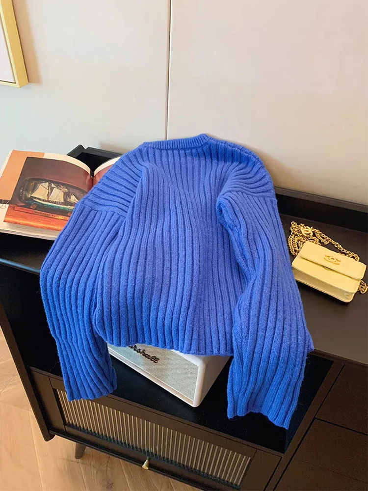 Корейские модные синие свитера с круглым вырезом осень-зима повседневные