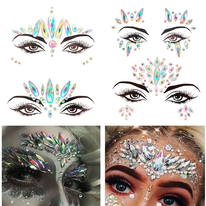 

New Fake Tattoo Art for Christmas Party Woman DIY Acrylic Diamond Sticker Brow Face Jewels Party Masquerade Temporary Tattoos