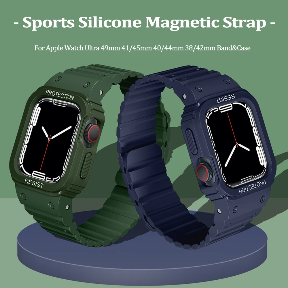 

Sports Magnetic Silicone Case+Strap For Apple Watch Ultra 49mm 45mm 41 42mm 44 38mm 40mm For iWatch Series 8 7 654 se WristBand