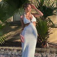 hollow out sexy beach sleeveless backless maxi dress 2022 summer party elegant halter neck y2k dresses for women
