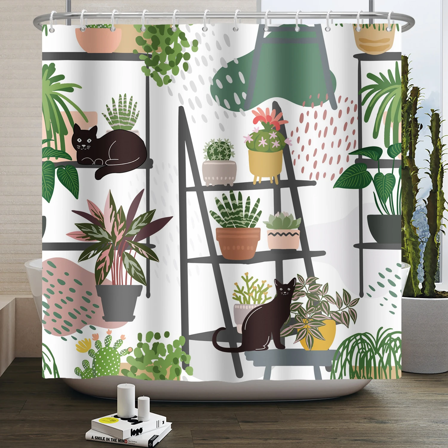 

Green Potted Plant Print Shower Curtain Tropical Greenhouse Botanical Succulents Modern Waterproof Bathroom Screen Decoration