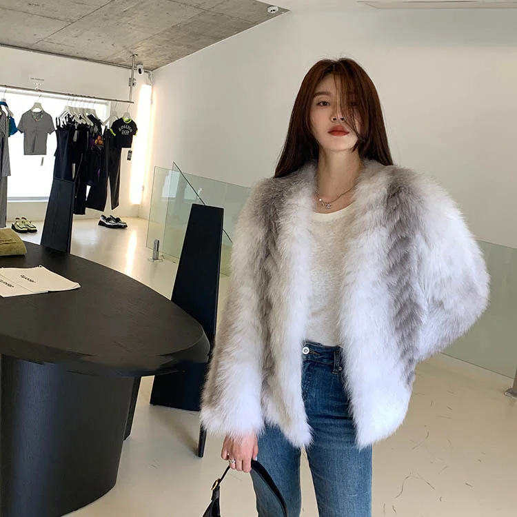 White Tea Ink New Style Fox Fur Grass Coat Femininity Celebrity Cross Fox Strip Medium Length Fur Coat