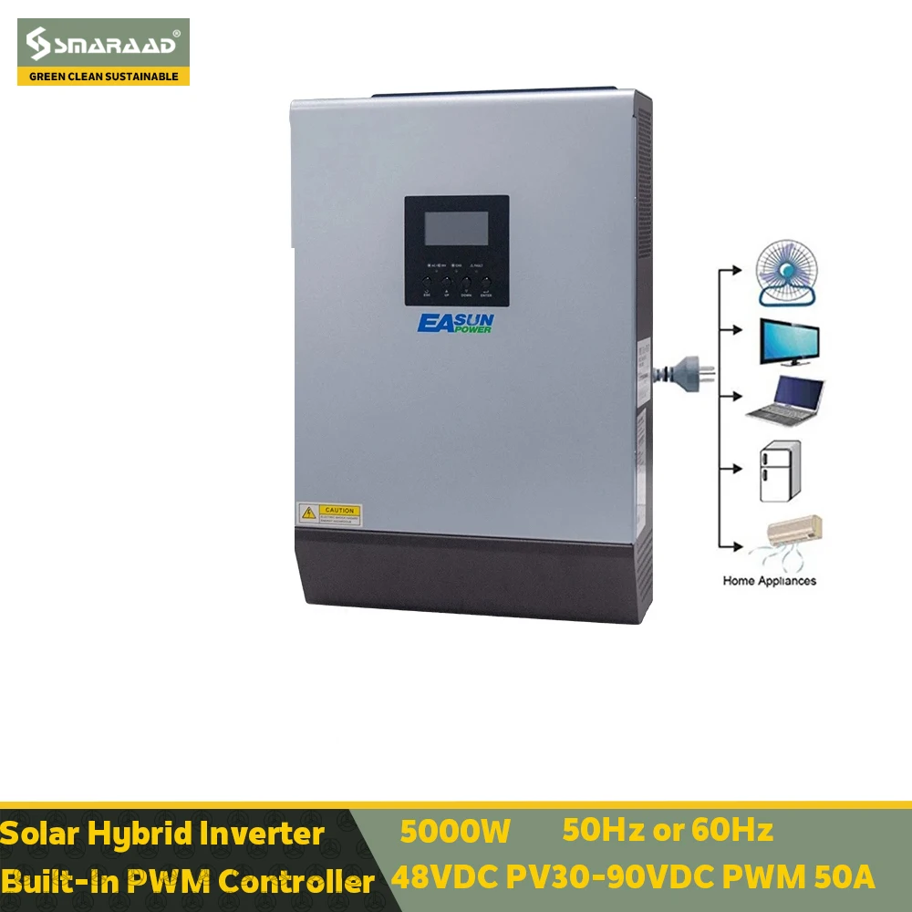 

SMARAAD 5KW 4000W Solar Hybrid Inverter Pure Sine Wave 220VAC Output Solar Inverter Built-in PWM 48V 50A Solar Charge Controller