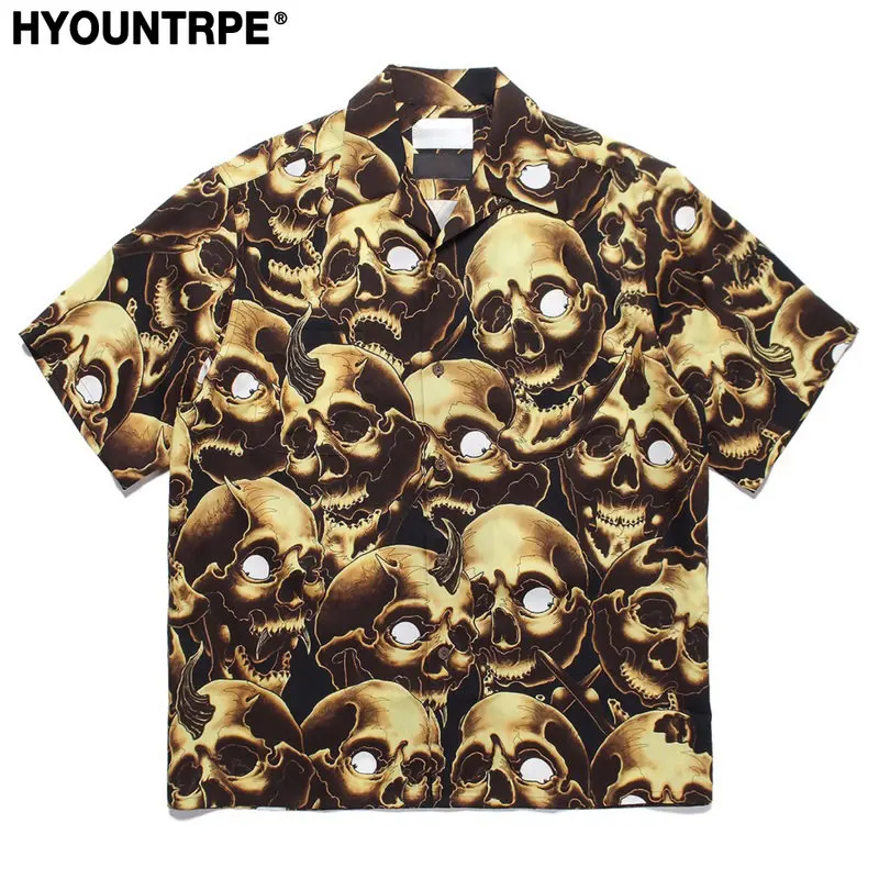 

Mens Skull Print Shirt Casual Short Sleeve Harajuku Hawaiian Shirt Hip Hop Streetwear New Summer Beach Loose Tops Men Shirts