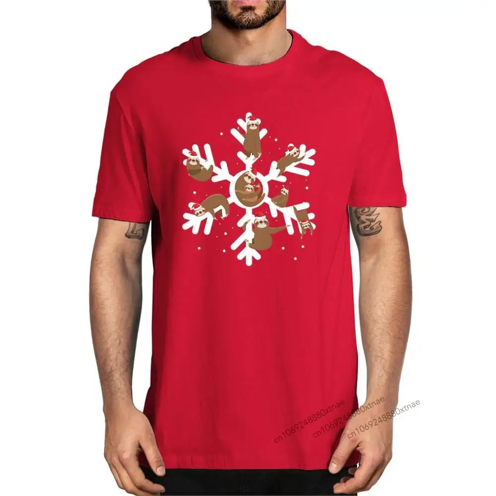 

Sloth Laying Down On Snowflake Merry Slothmas With Santa Hat Funny Christmas 100% Cotton Summer Men's Novelty Oversized T-Shirt