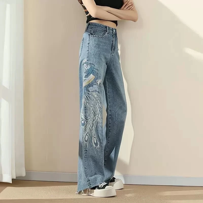 Брюки женские с вышивкой, повседневные винтажные Свободные мешковатые джинсы с бусинами, с высокой талией, прямые штаны в уличном стиле, Y2K