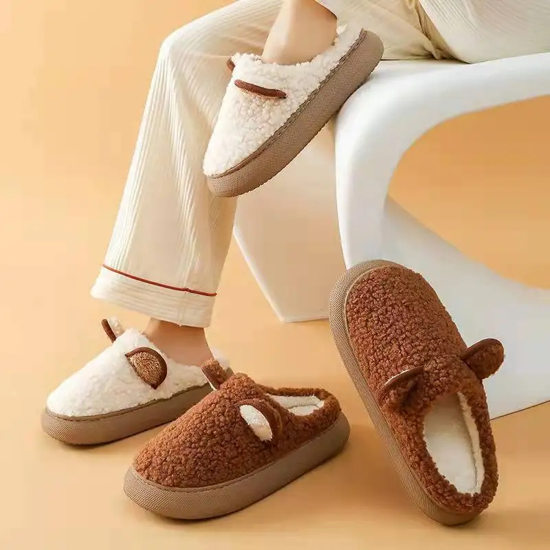 

Women Winter Warm Fluffy Slippers Plush Thick Sole Shoes Indoor Home Lover Shoes Cute Cartoon Ear Soft Slides Female Slippers