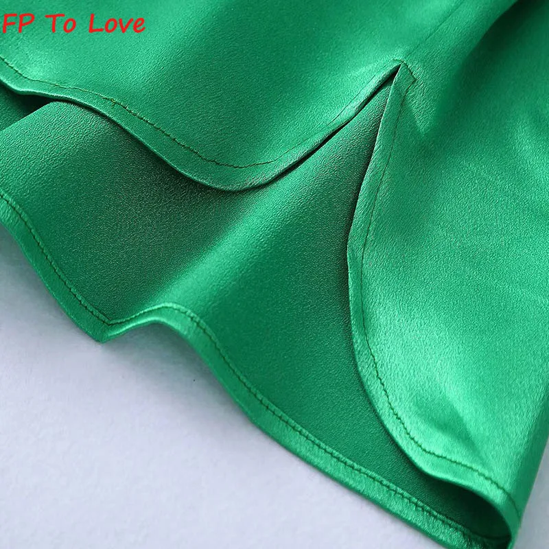 Элегантная Зеленая атласная рубашка с коротким рукавом ярко-голубая однобортная