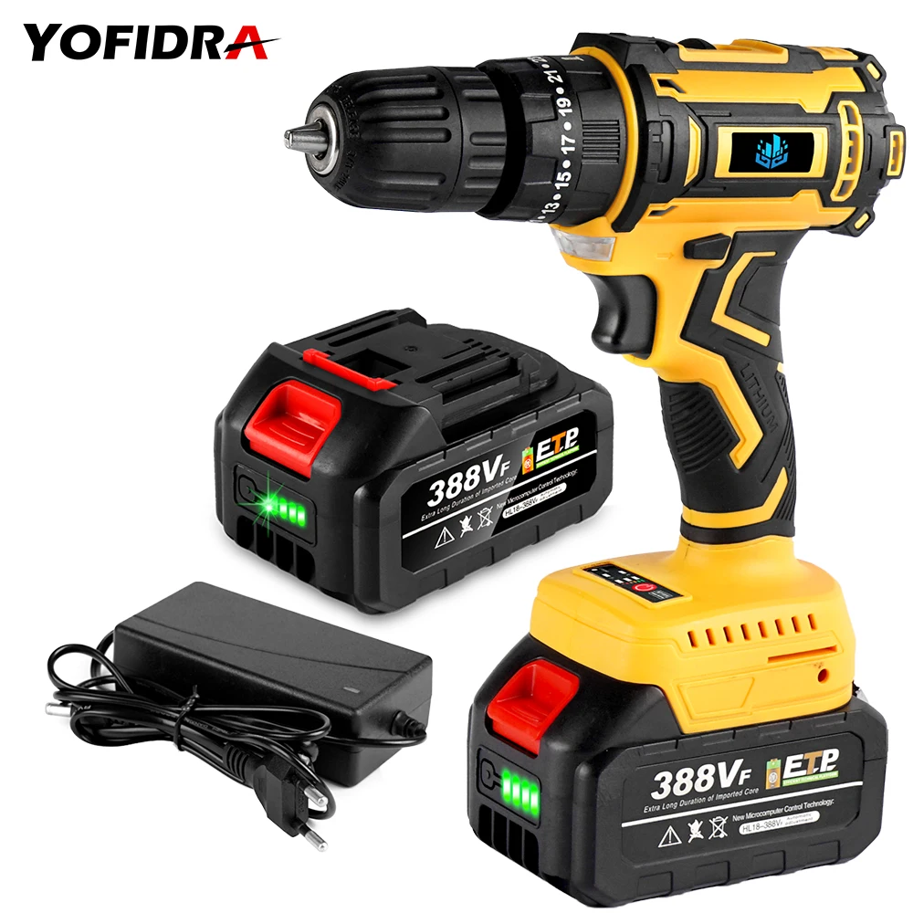 Yofidra 20V Brushless Electric Drill 50 Torque 0.8-10mm Cordless Screwdriver Impact Drill With 1/2PCS Li-ion Battery Power Tools