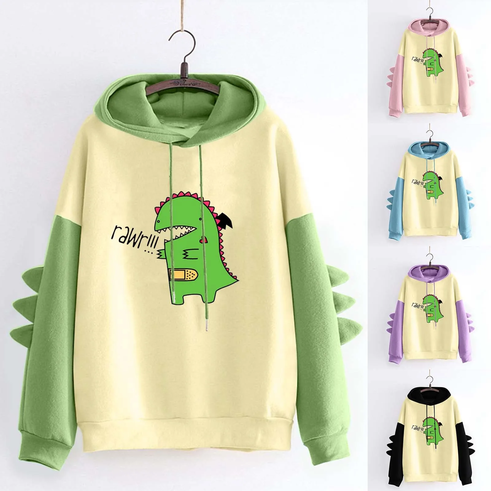 

Zip up Sweatshirts for Women Ladies Fashion Hooded Long Sleeve Stitching Dinosaur Taste Printed Fleece Top Sweater Ladies Hoodie