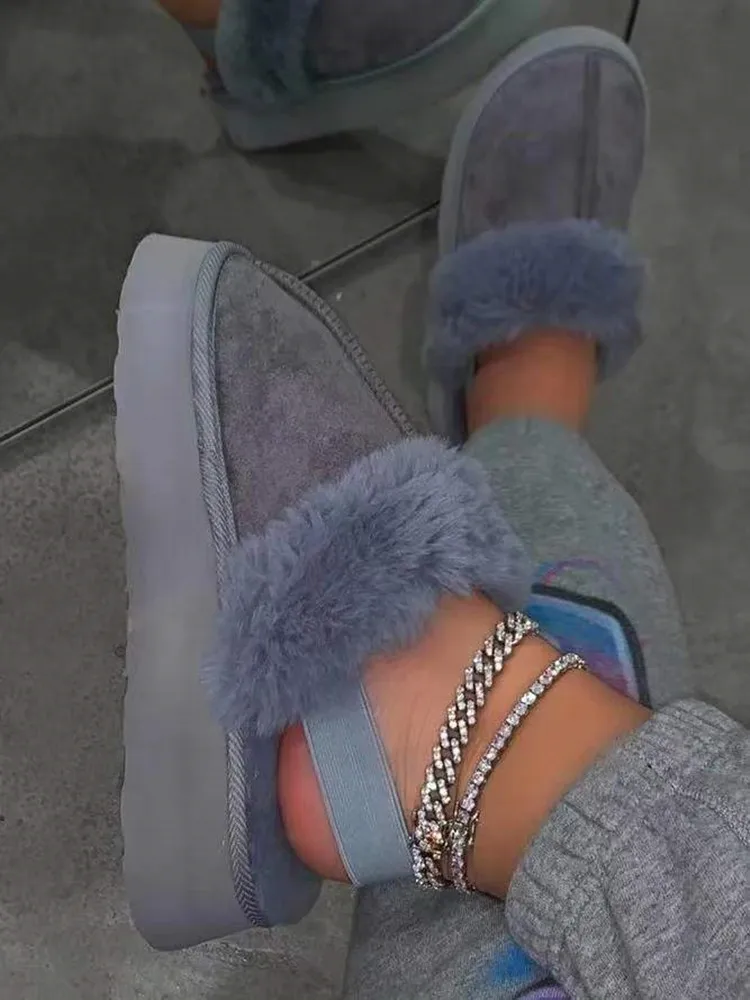 

Women Slippers Platform Slides Faux Fur Fluffy Winter Short Plush Pink Color Open Toe Fuzzy Cozy Bedroom Home Furry Slippers