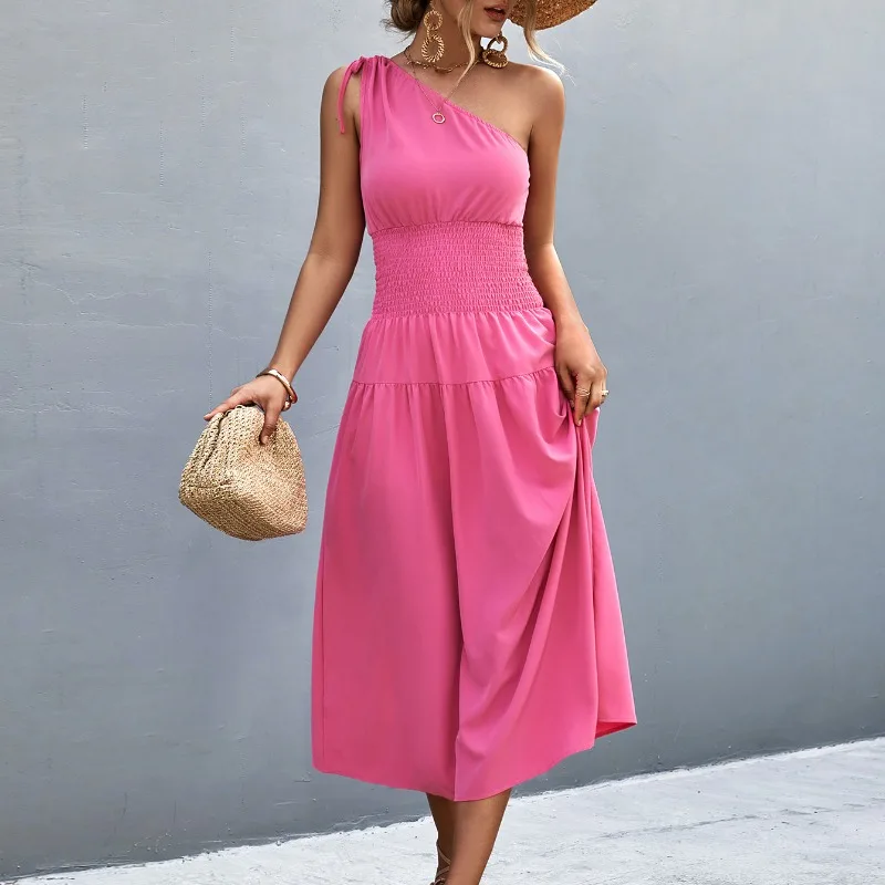 

Sexy One Shoulder Corset Waist Summer Dress Women Solid Color Long Dress Casual Fashion Dresses 2023