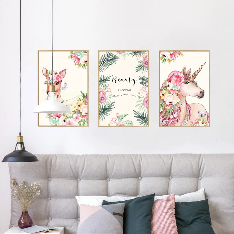 

3D Fake Window Tropical Deer Unicorn Flamingo Wall Stickers PVC DIY Birds Flowers Wall Art for Living Room Bedroom Decoration