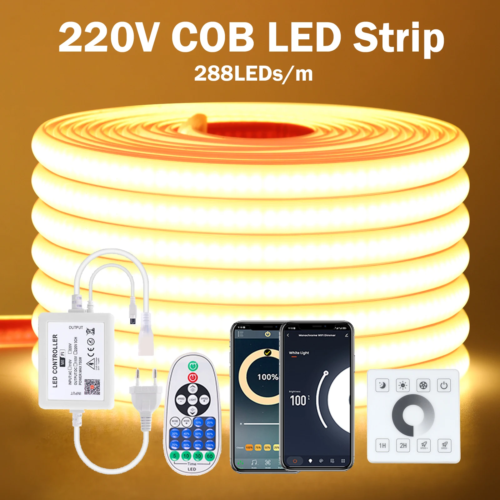 Фото Светодиодная лента COB с регулируемой яркостью, 220 В, 288 светодиодов/м, настенный сенсорный Wi-Fi, Bluetooth, пульт дистанционного управления, комплект питания, водонепроницаемая силиконовая трубка, клейкая лента №1