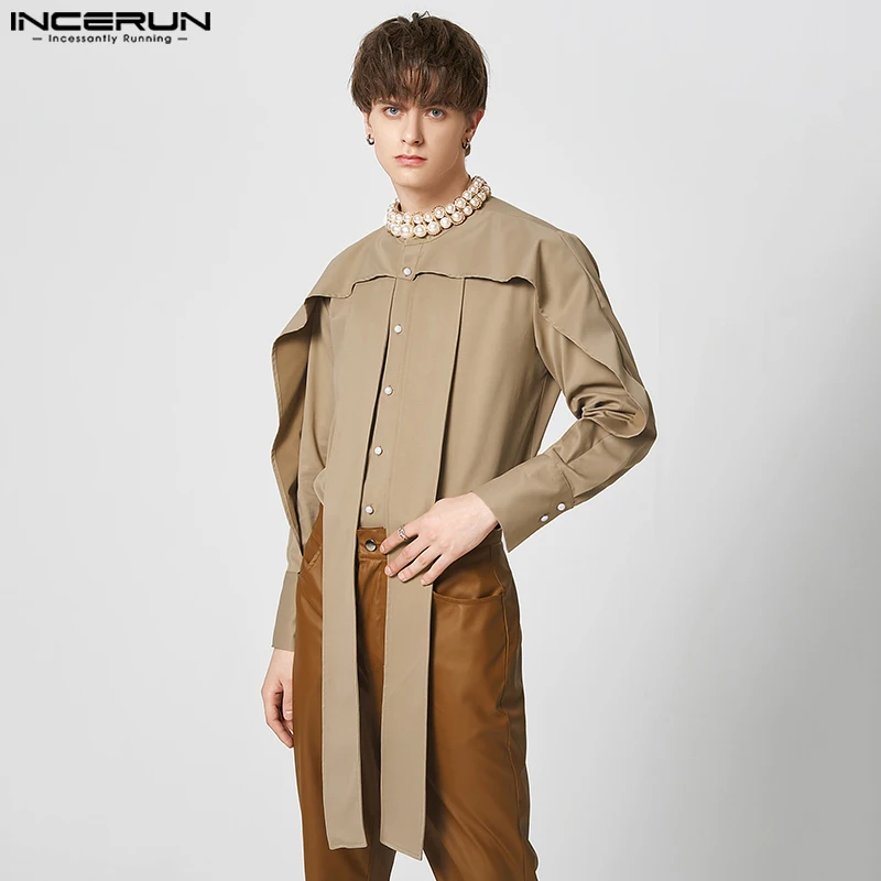 

INCERUN Tops 2023 American Style Stylish New Men Ruffled Ribbon Design Shirts Handsome Male Hot Selling Solid Color Blouse S-5XL